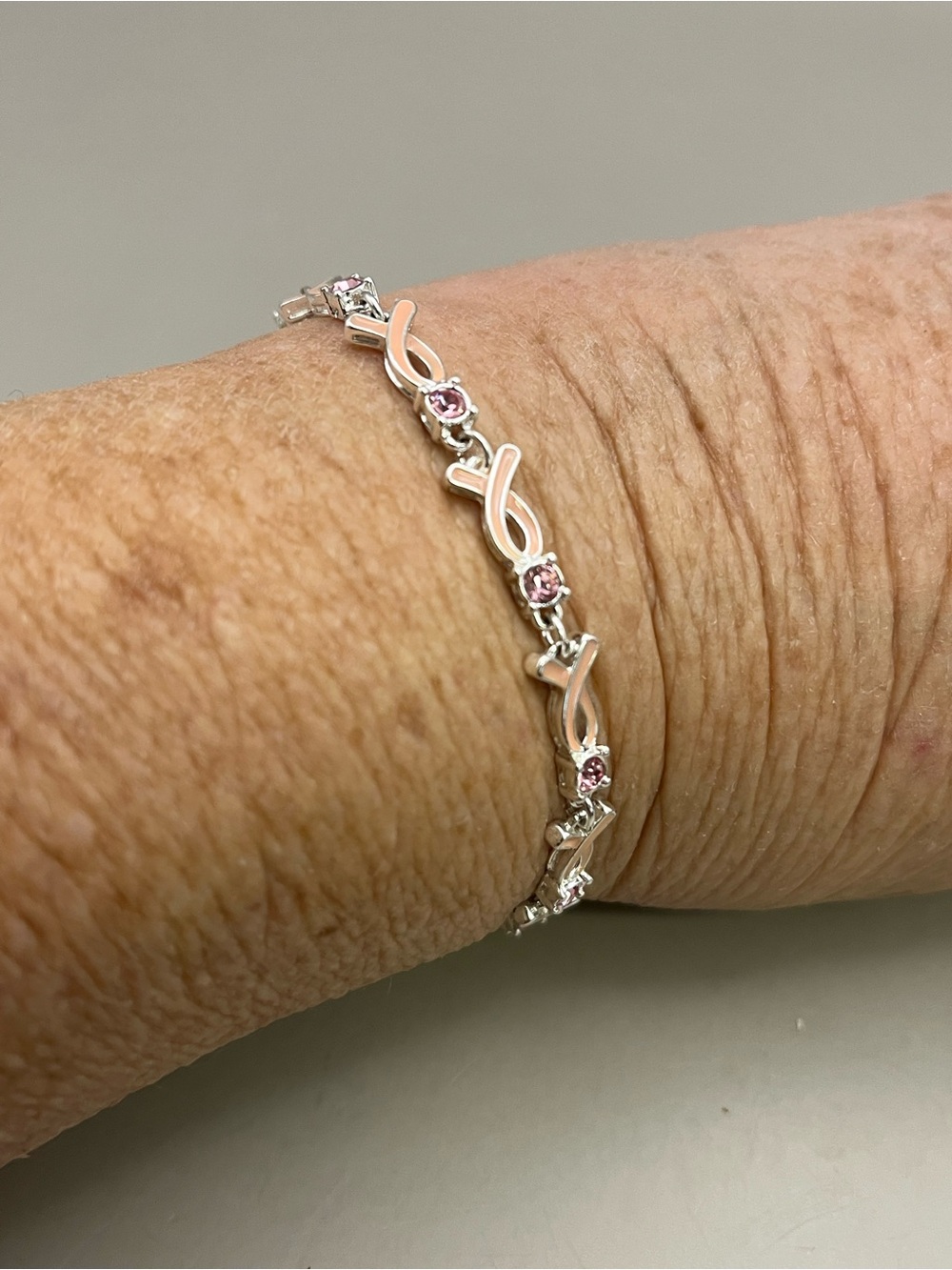 Breast Cancer Awareness Bracelet Pink Ribbon Silver Tone Pink Crystal Survivor